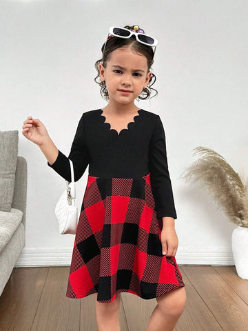 Young Girl Knitted Splice Red Plaid Crew Neck Fitted Belted Long Sleeve Dress