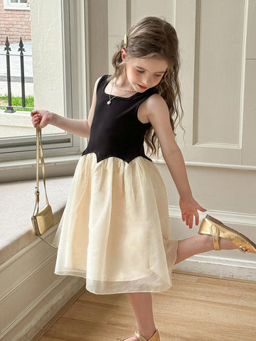 Young Girl Knitted Square Neck Patchwork Woven Hem Fitted Sleeveless Dress