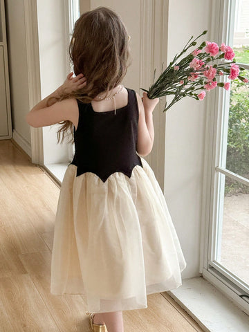 Young Girl Knitted Square Neck Patchwork Woven Hem Fitted Sleeveless Dress