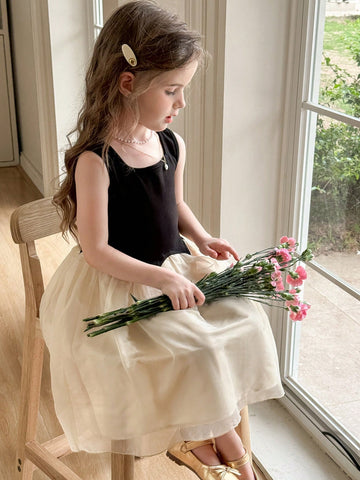 Young Girl Knitted Square Neck Patchwork Woven Hem Fitted Sleeveless Dress