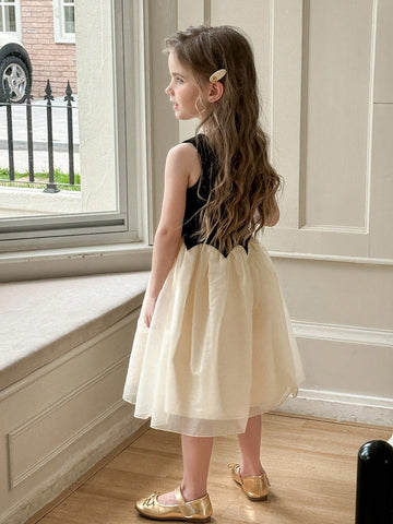 Young Girl Knitted Square Neck Patchwork Woven Hem Fitted Sleeveless Dress