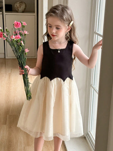 Young Girl Knitted Square Neck Patchwork Woven Hem Fitted Sleeveless Dress