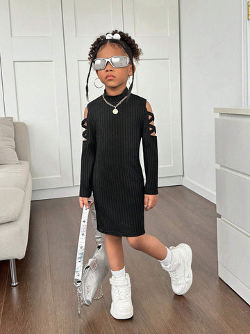 Young Girl Knitted Stand Collar Slim Casual Hollow-Out Shoulder Dress