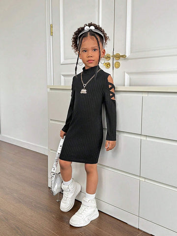 Young Girl Knitted Stand Collar Slim Casual Hollow-Out Shoulder Dress