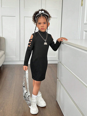 Young Girl Knitted Stand Collar Slim Casual Hollow-Out Shoulder Dress