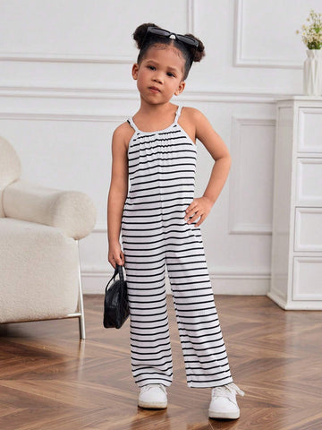 Young Girl Knitted Stripe Sleeveless Loose Casual Jumpsuit With Shoulder Straps