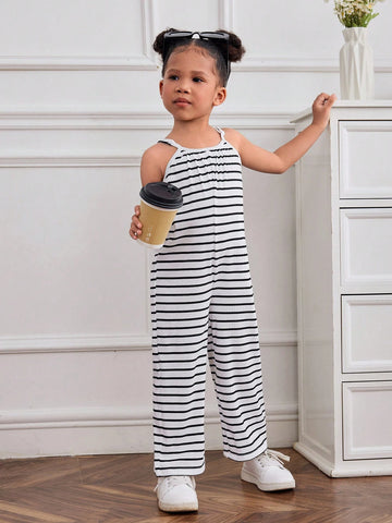 Young Girl Knitted Stripe Sleeveless Loose Casual Jumpsuit With Shoulder Straps