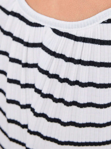 Young Girl Knitted Stripe Sleeveless Loose Casual Jumpsuit With Shoulder Straps