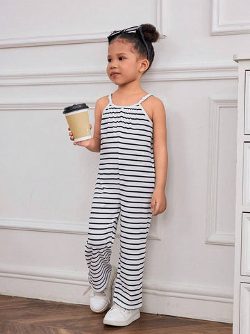Young Girl Knitted Stripe Sleeveless Loose Casual Jumpsuit With Shoulder Straps