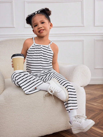 Young Girl Knitted Stripe Sleeveless Loose Casual Jumpsuit With Shoulder Straps