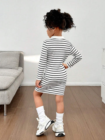 Young Girl Knitted Striped Collar Fitted Casual Dress