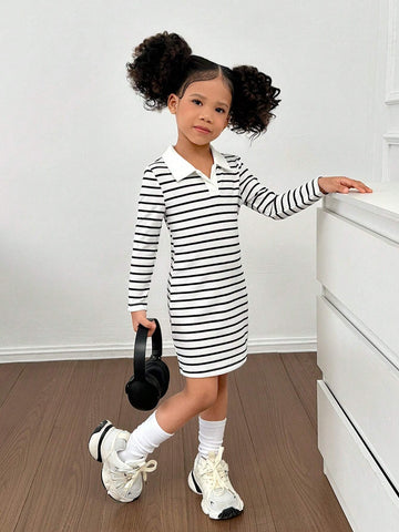 Young Girl Knitted Striped Collar Fitted Casual Dress