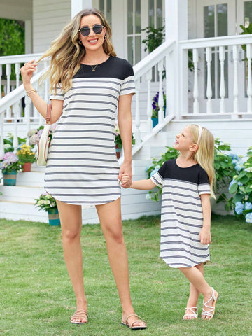 Young Girl Knitted Striped Color-Block Loose Casual Summer Dress With Round Neck