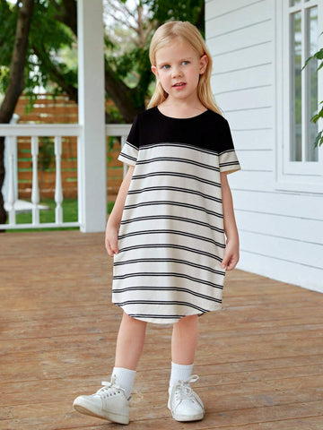 Young Girl Knitted Striped Color-Block Loose Casual Summer Dress With Round Neck