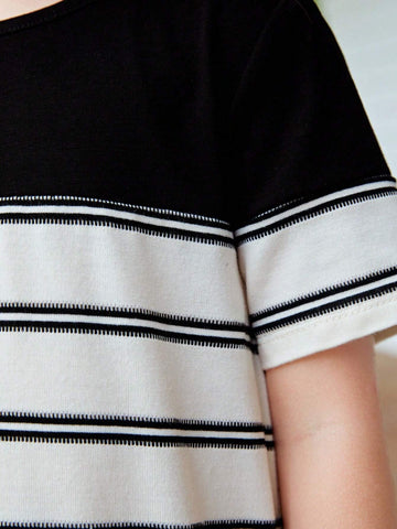 Young Girl Knitted Striped Color-Block Loose Casual Summer Dress With Round Neck