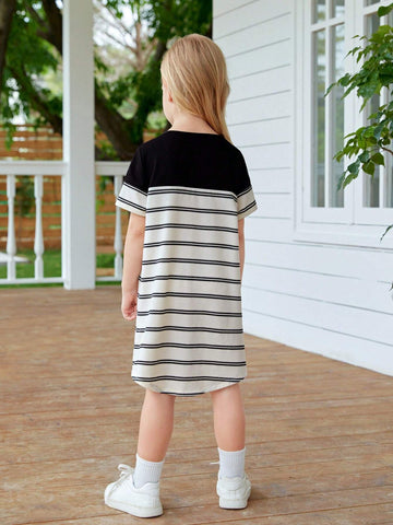 Young Girl Knitted Striped Color-Block Loose Casual Summer Dress With Round Neck