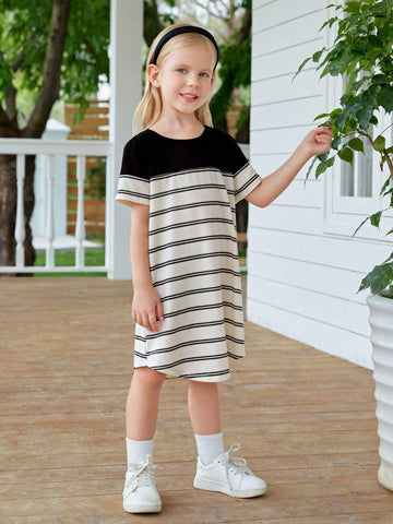 Young Girl Knitted Striped Color-Block Loose Casual Summer Dress With Round Neck