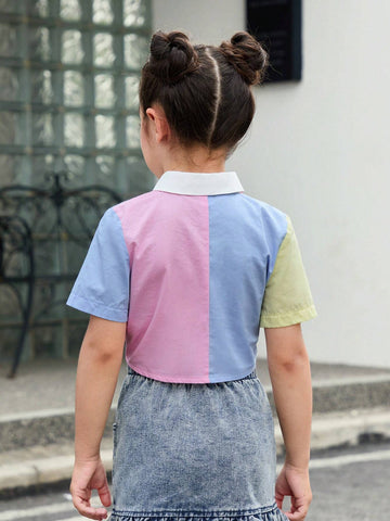 Young Girl Knitted Striped Color-Block Twist Hem Casual Shirt