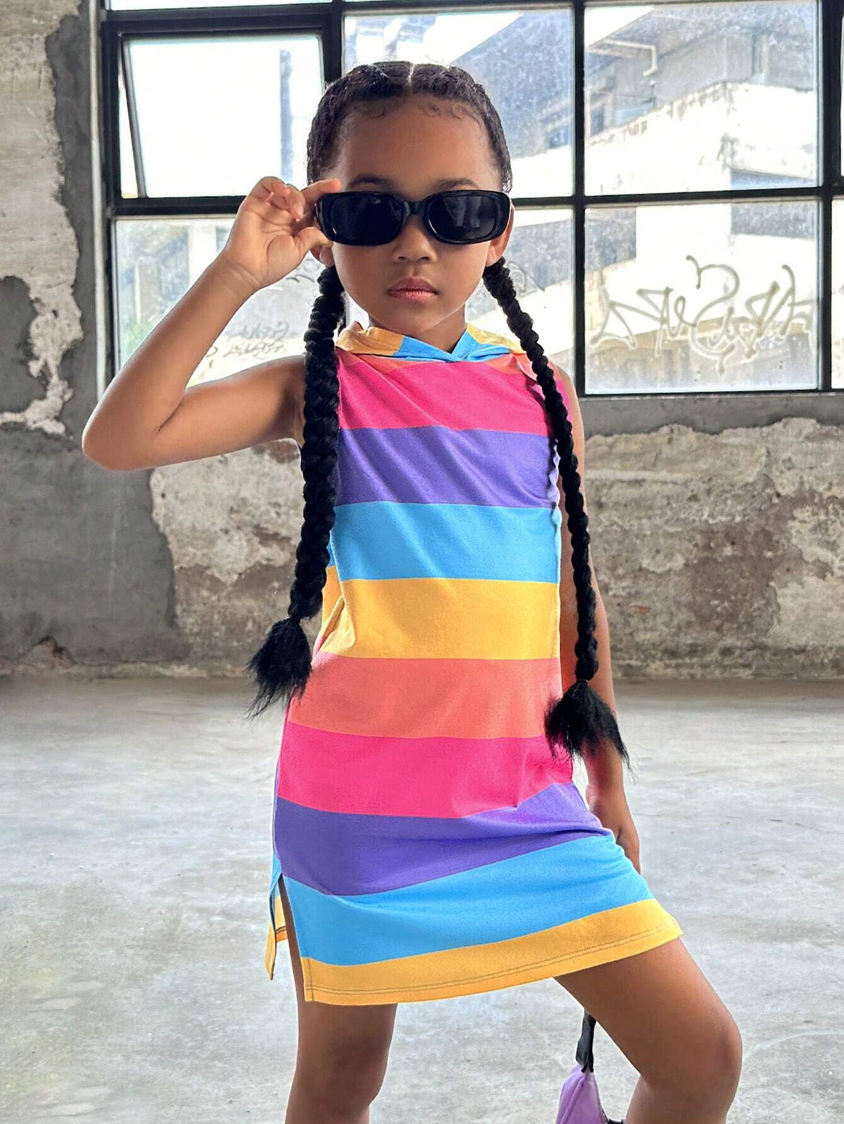 Young Girl Knitted Striped Hooded Casual Sleeveless Jumpsuit (One-Piece Dress)