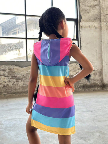 Young Girl Knitted Striped Hooded Casual Sleeveless Jumpsuit (One-Piece Dress)