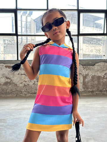 Young Girl Knitted Striped Hooded Casual Sleeveless Jumpsuit (One-Piece Dress)