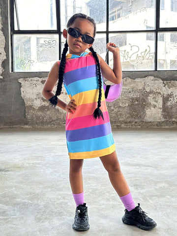 Young Girl Knitted Striped Hooded Casual Sleeveless Jumpsuit (One-Piece Dress)