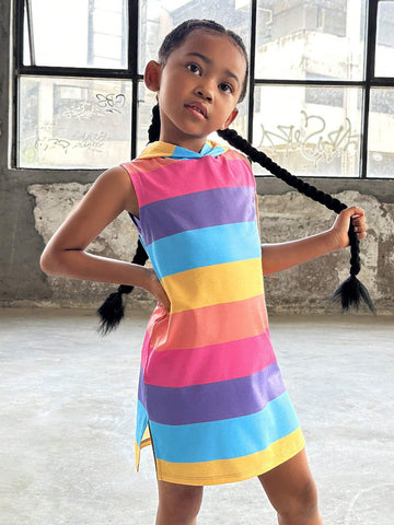 Young Girl Knitted Striped Hooded Casual Sleeveless Jumpsuit (One-Piece Dress)