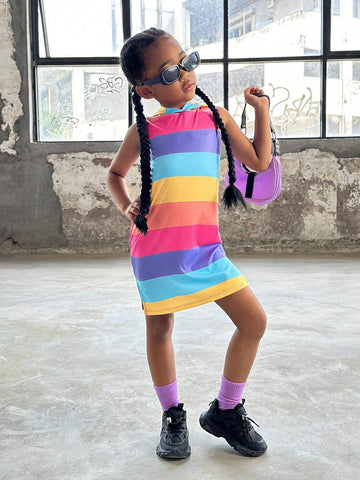 Young Girl Knitted Striped Hooded Casual Sleeveless Jumpsuit (One-Piece Dress)