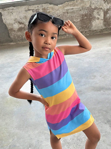 Young Girl Knitted Striped Hooded Casual Sleeveless Jumpsuit (One-Piece Dress)