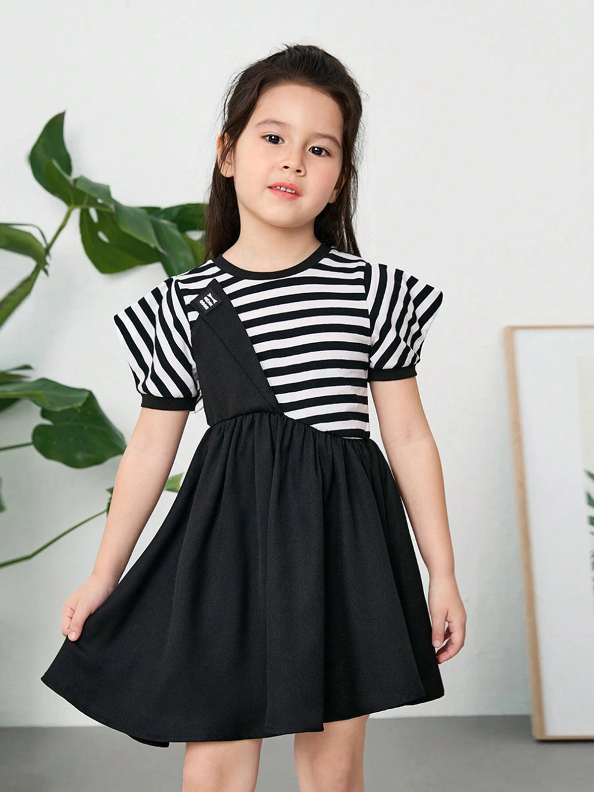 Young Girl Knitted Striped Round Neck Patchwork Woven Collar Loose Casual Dress