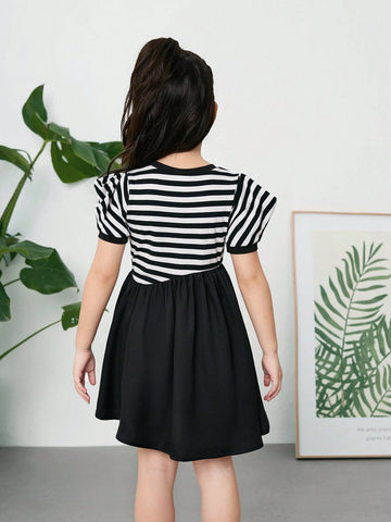 Young Girl Knitted Striped Round Neck Patchwork Woven Collar Loose Casual Dress