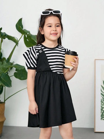Young Girl Knitted Striped Round Neck Patchwork Woven Collar Loose Casual Dress