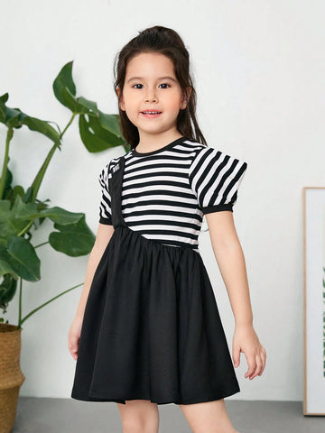 Young Girl Knitted Striped Round Neck Patchwork Woven Collar Loose Casual Dress