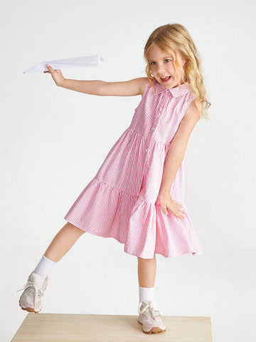 Young Girl Knitted Striped Sleeveless All-Match Casual College Style Dress