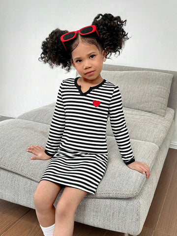 Young Girl Knitted Striped V-Neck Bodycon Casual Dress