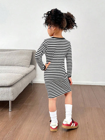 Young Girl Knitted Striped V-Neck Bodycon Casual Dress
