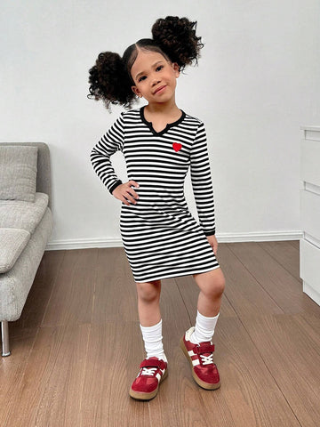 Young Girl Knitted Striped V-Neck Bodycon Casual Dress