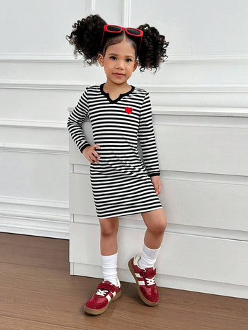 Young Girl Knitted Striped V-Neck Bodycon Casual Dress