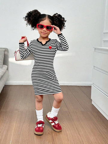 Young Girl Knitted Striped V-Neck Bodycon Casual Dress