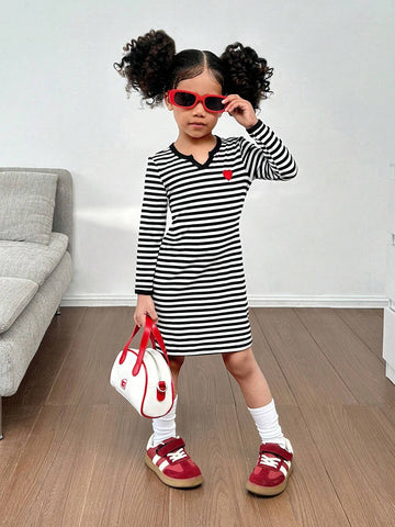 Young Girl Knitted Striped V-Neck Bodycon Casual Dress