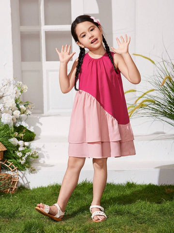 Young Girl Knitted Sweet And Cute Color-Block Loose Irregular Hem Dress