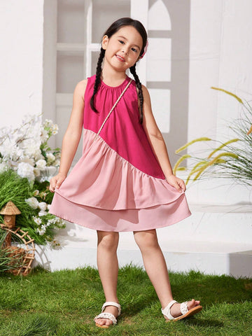 Young Girl Knitted Sweet And Cute Color-Block Loose Irregular Hem Dress