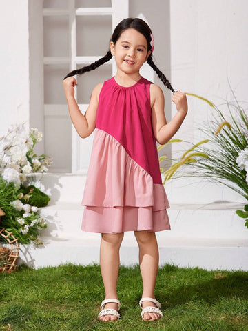 Young Girl Knitted Sweet And Cute Color-Block Loose Irregular Hem Dress