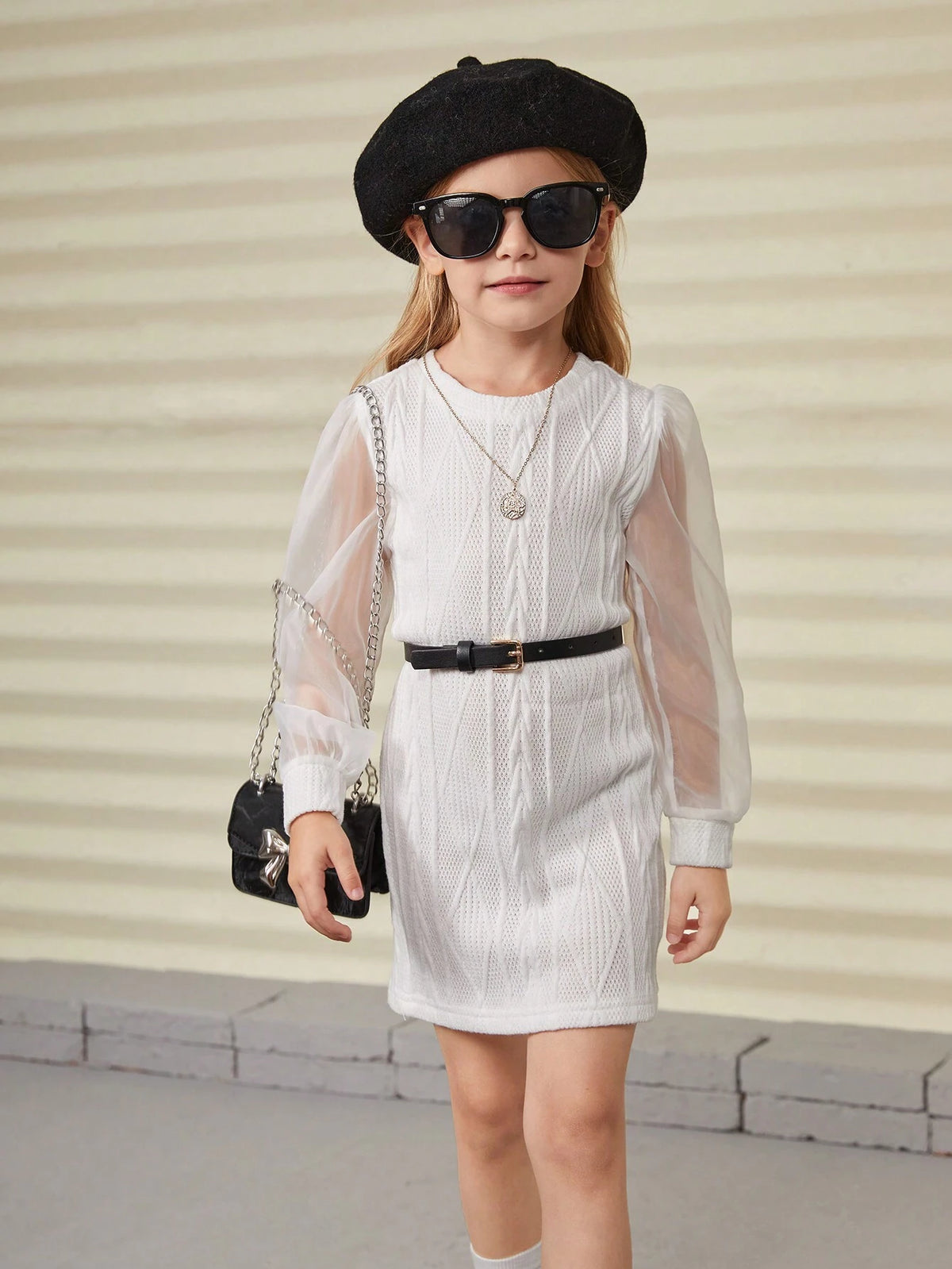 Young Girl Knitted Texture & Organza Patchwork Dress, Spring Autumn