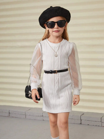 Young Girl Knitted Texture & Organza Patchwork Dress, Spring Autumn