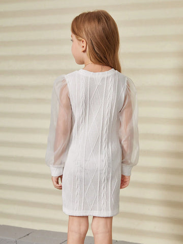 Young Girl Knitted Texture & Organza Patchwork Dress, Spring Autumn