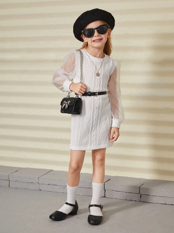 Young Girl Knitted Texture & Organza Patchwork Dress, Spring Autumn