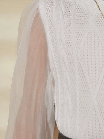 Young Girl Knitted Texture & Organza Patchwork Dress, Spring Autumn