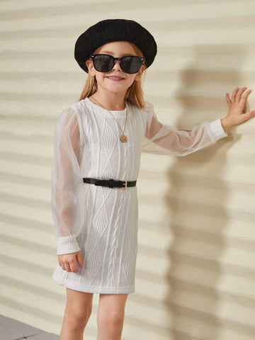 Young Girl Knitted Texture & Organza Patchwork Dress, Spring Autumn
