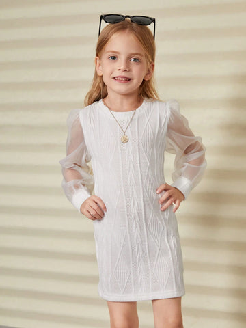 Young Girl Knitted Texture & Organza Patchwork Dress, Spring Autumn